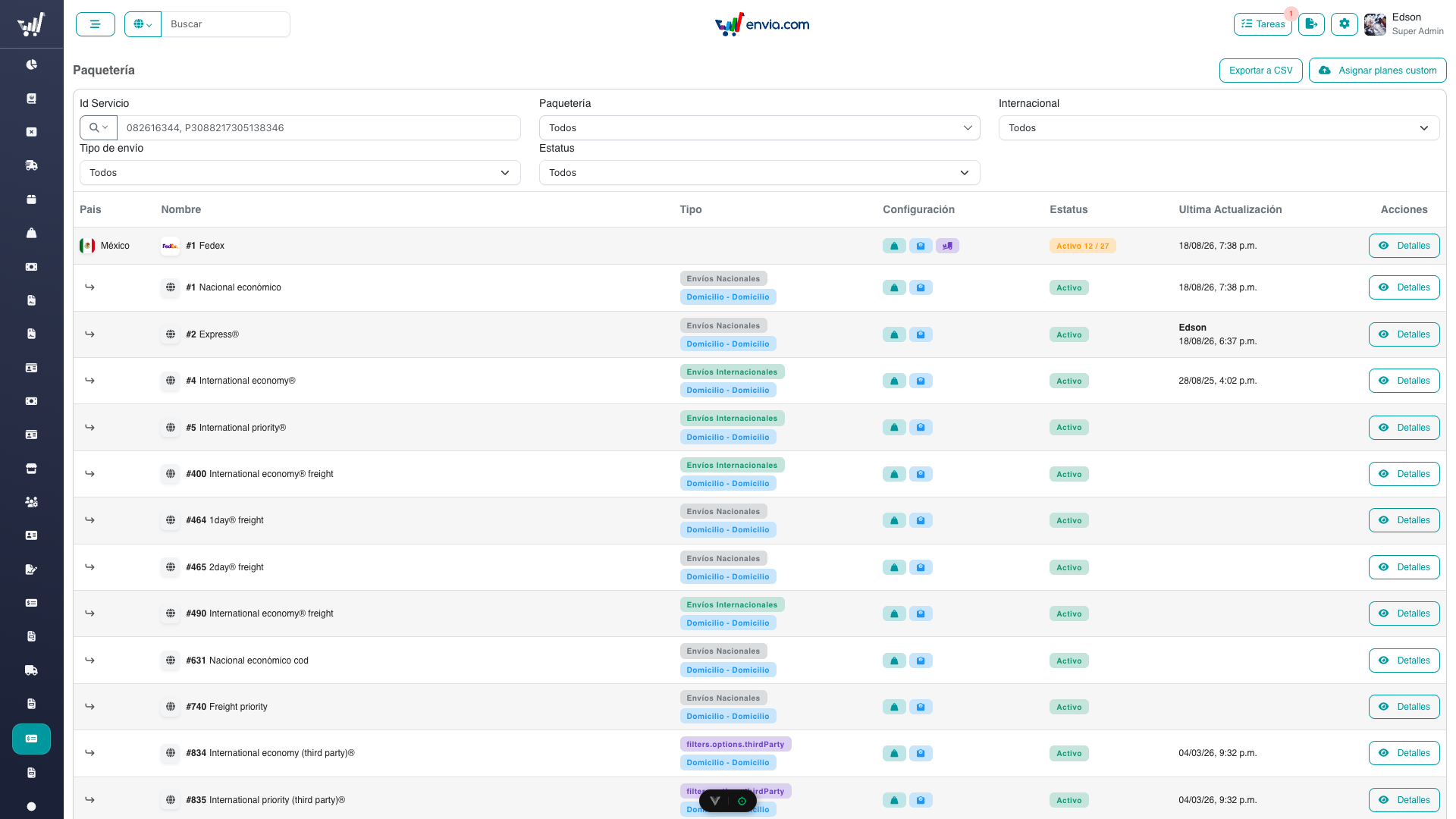Carriers list header with Asignar planes custom